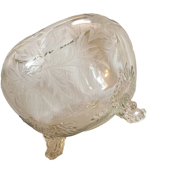 Vintage Clear Glass Bowl Wheat Etching Scalloped 3-Footed Pressed Rose B… - Picture 6 of 14